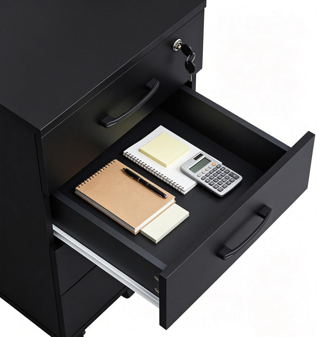 3 Drawer Black Wood File Cabinet with Lock W5045
