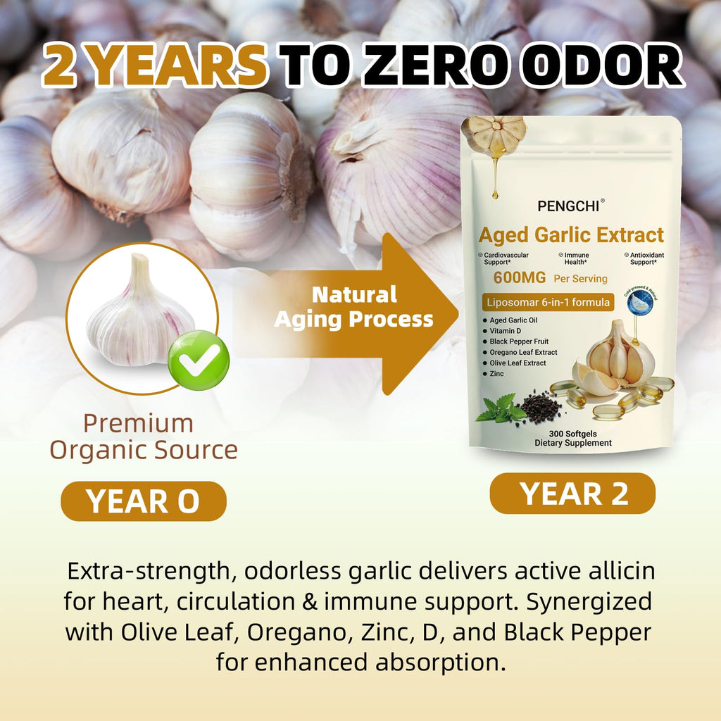 Aged Garlic Extract with Vitamin D Zinc Oregano Olive Leaf Black Pepper 300 Softgels T1041