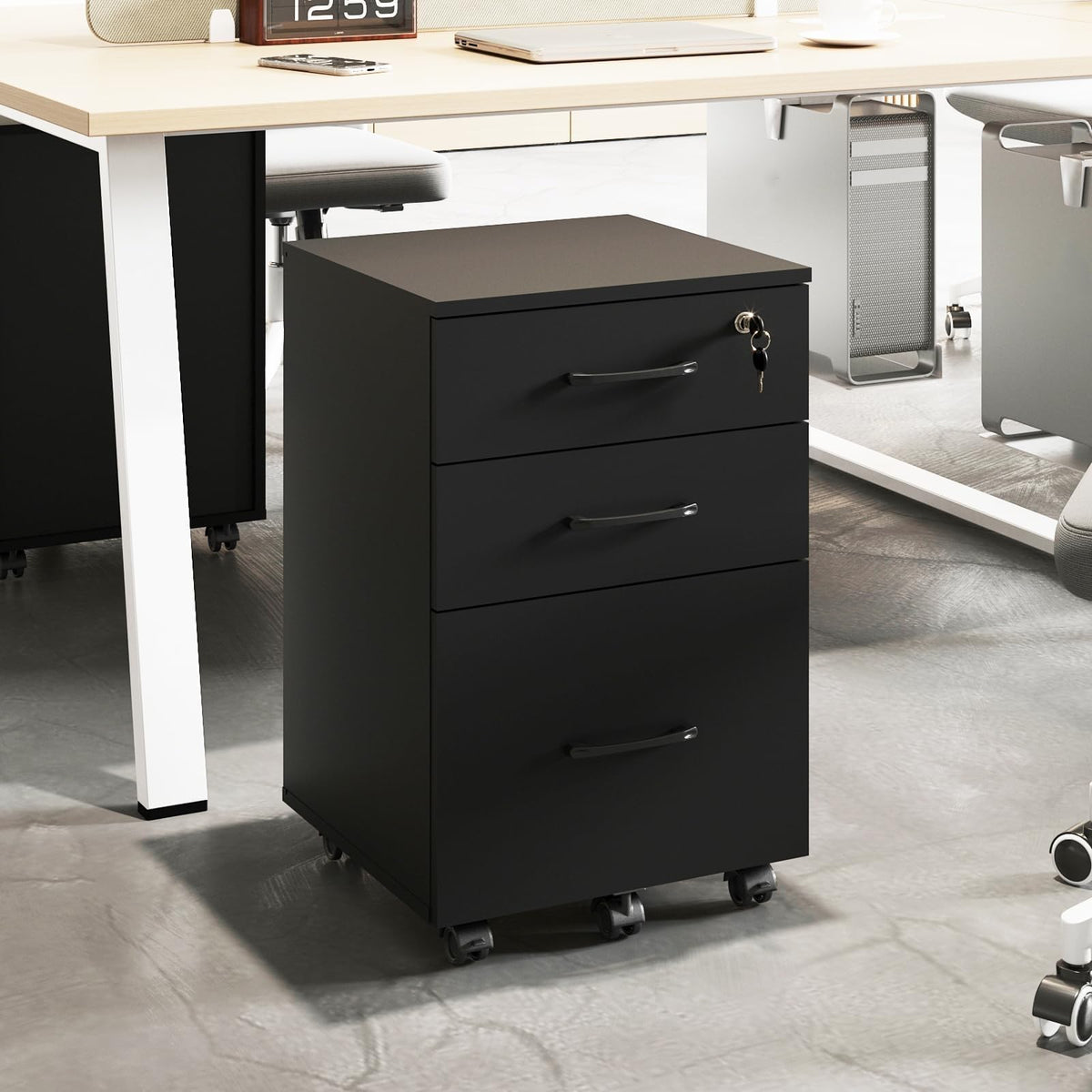 3 Drawer Black Wood File Cabinet with Lock W5045