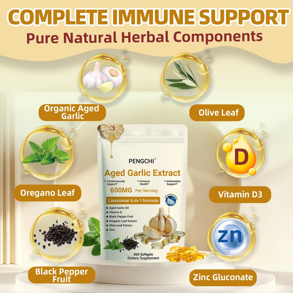 Aged Garlic Extract with Vitamin D Zinc Oregano Olive Leaf Black Pepper 300 Softgels T1041