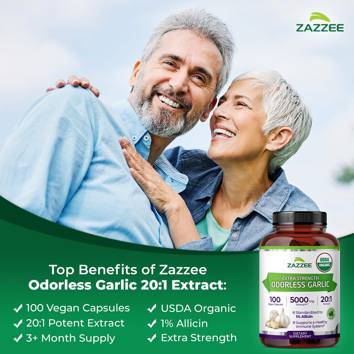USDA Organic Odorless Garlic 20:1 Extract 100 Capsules V966996