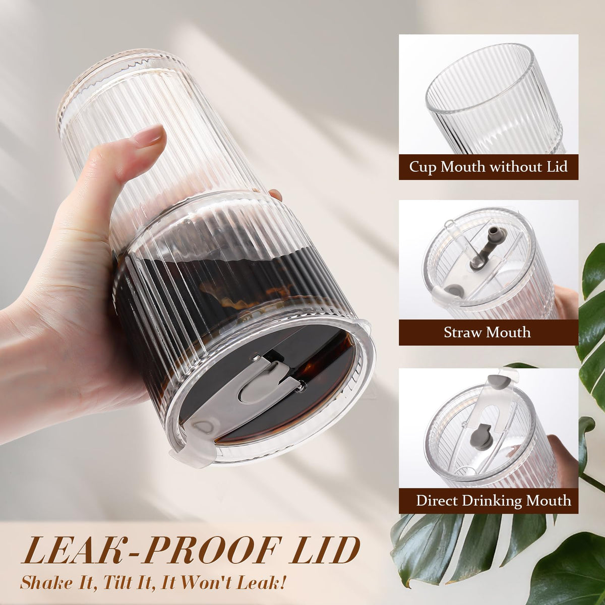 20oz Ribbed Iced Coffee Cups with Lids, 4 Pcs Glass Tumblers G912