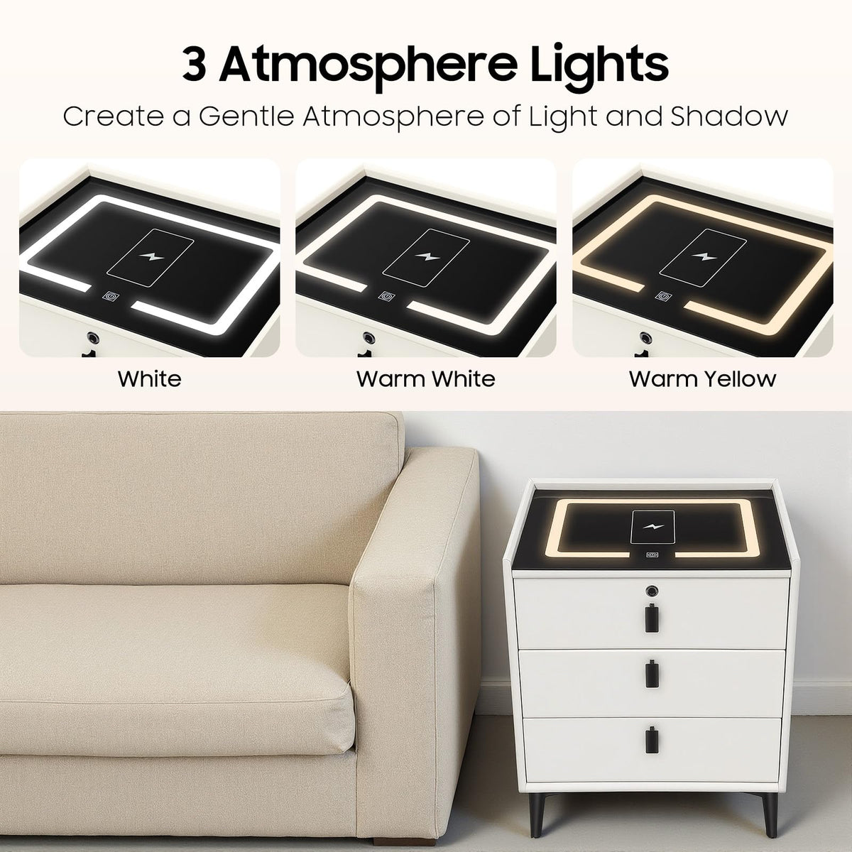 3 Drawers Nightstand with Fingerprint Lock and Wireless Charging T250