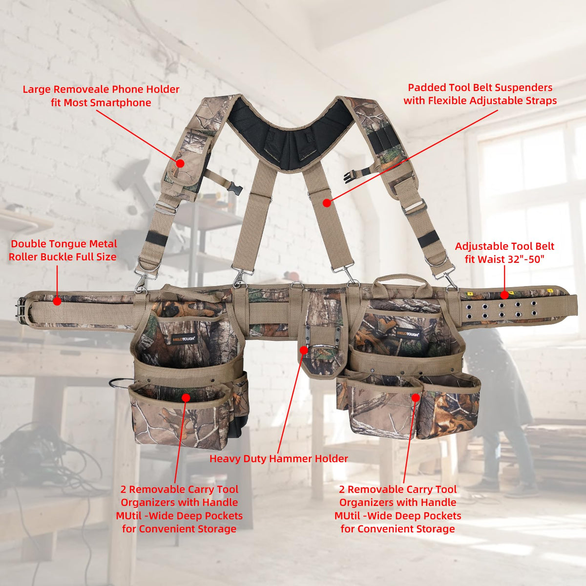 Camo Tool Belt with Suspenders Heavy Duty Carpenter Rig T974