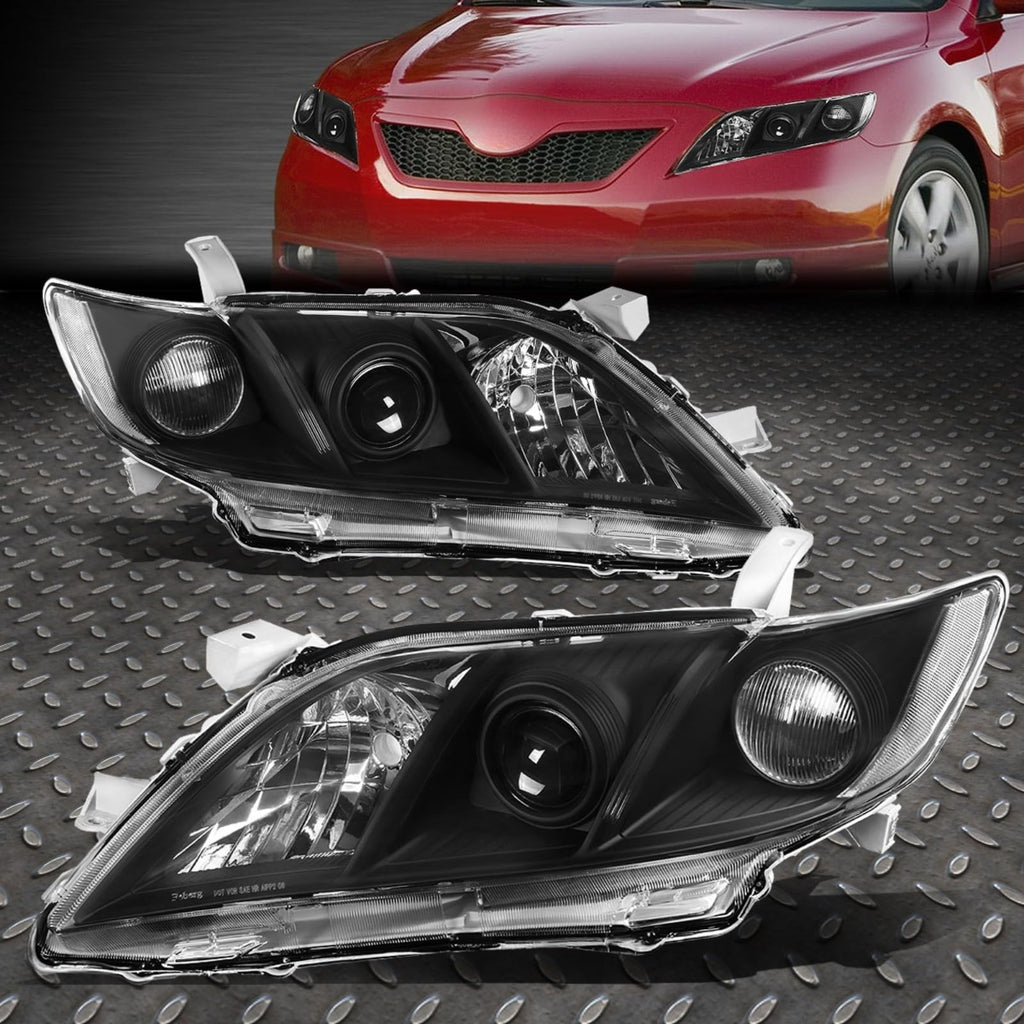 Projector Headlights Assembly Compatible With 2007-2009 Toyota Camry Sedan Driver Passenger Side Halogen Black Housing Clear Lens J666