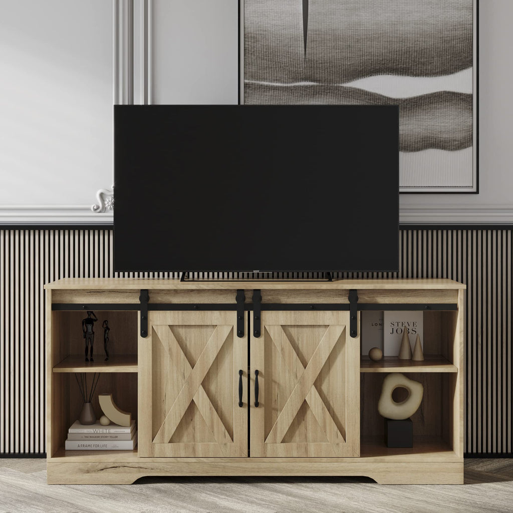 Sliding Barn Door Wood TV Stand with Adjustable Shelves T916