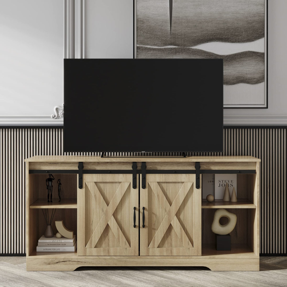 Sliding Barn Door Wood TV Stand with Adjustable Shelves T916