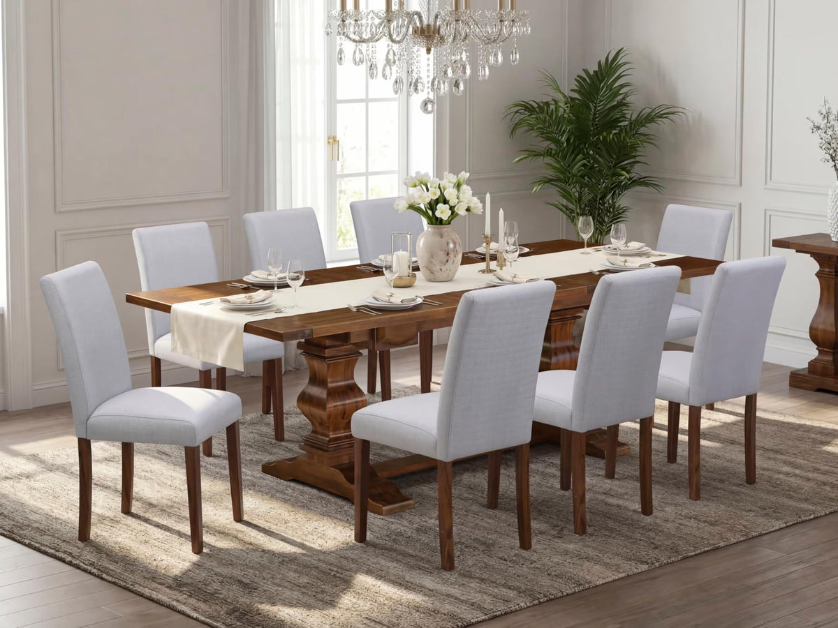 9 Piece Walnut Dining Table Set with 8 Grey Linen Chairs V5168