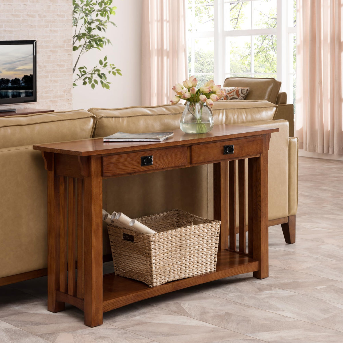Transitional Solid Ash Console Table with 2 Drawers Y665