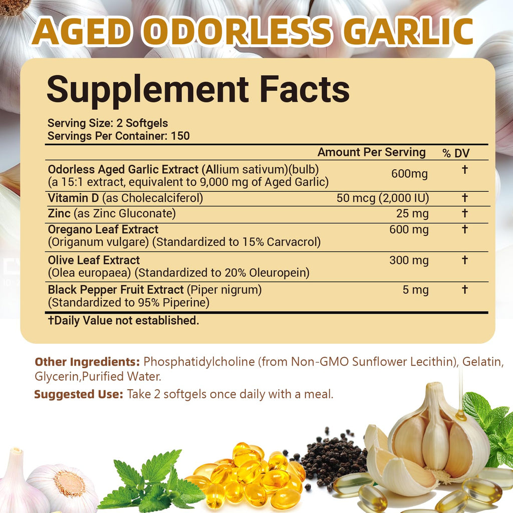 Aged Garlic Extract with Vitamin D Zinc Oregano Olive Leaf Black Pepper 300 Softgels T1041