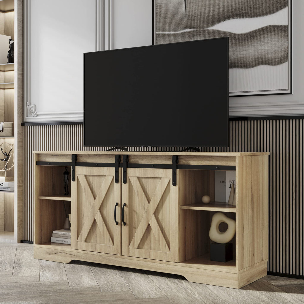 Sliding Barn Door Wood TV Stand with Adjustable Shelves T916