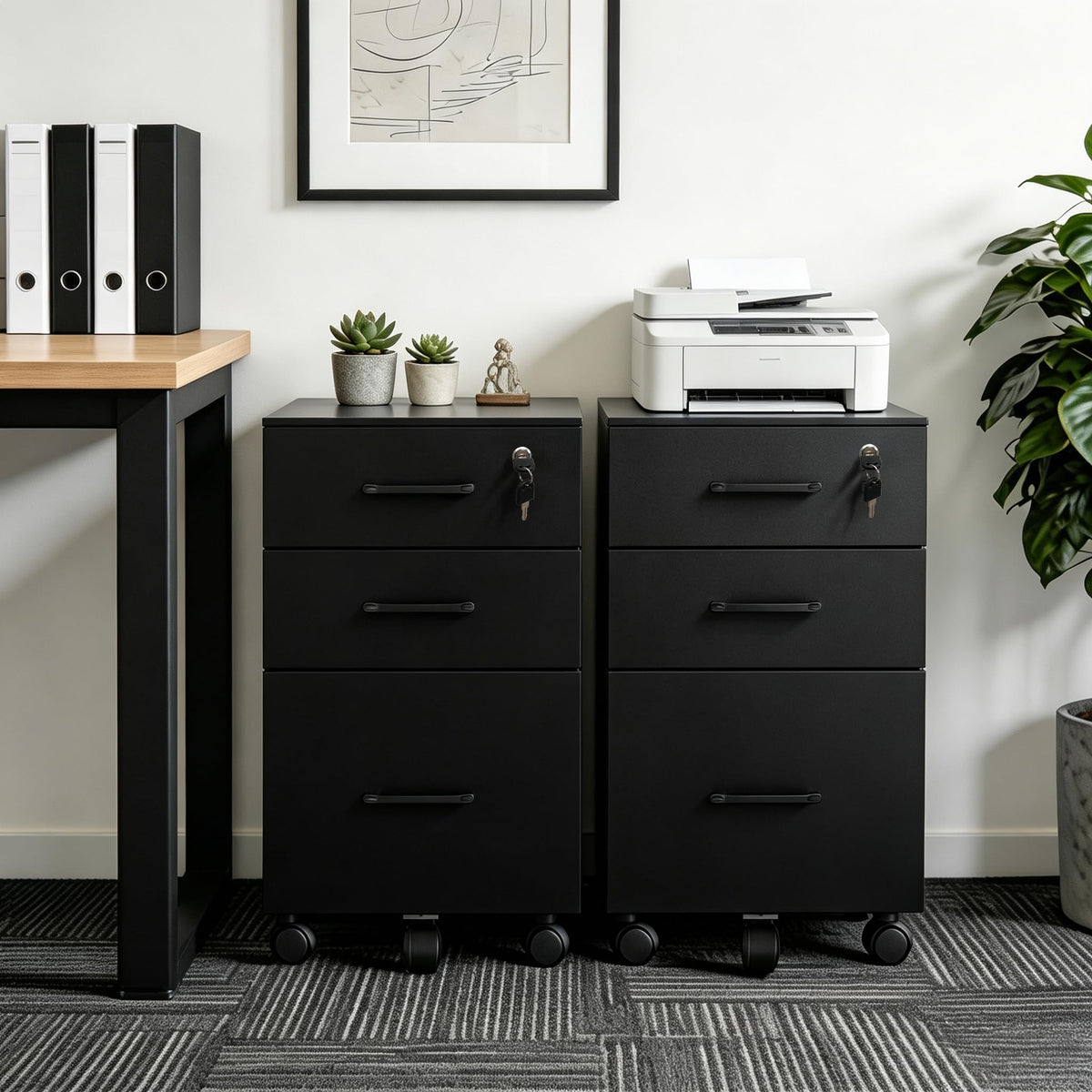 3 Drawer Black Wood File Cabinet with Lock W5045