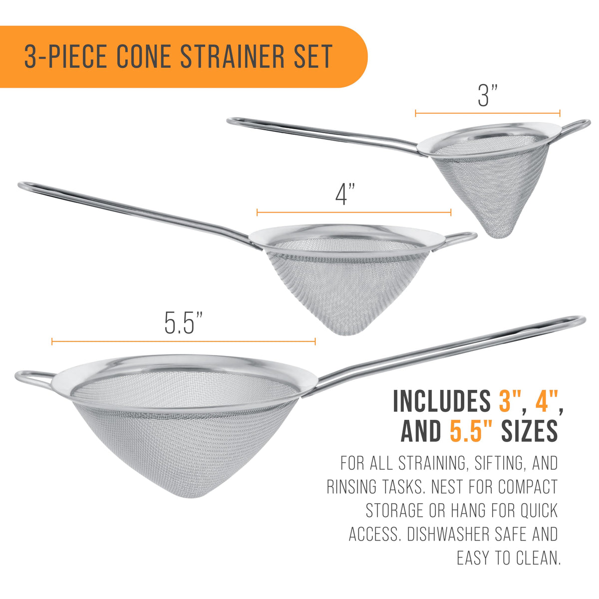 Set of 3 Stainless Steel Conical Strainers B64397