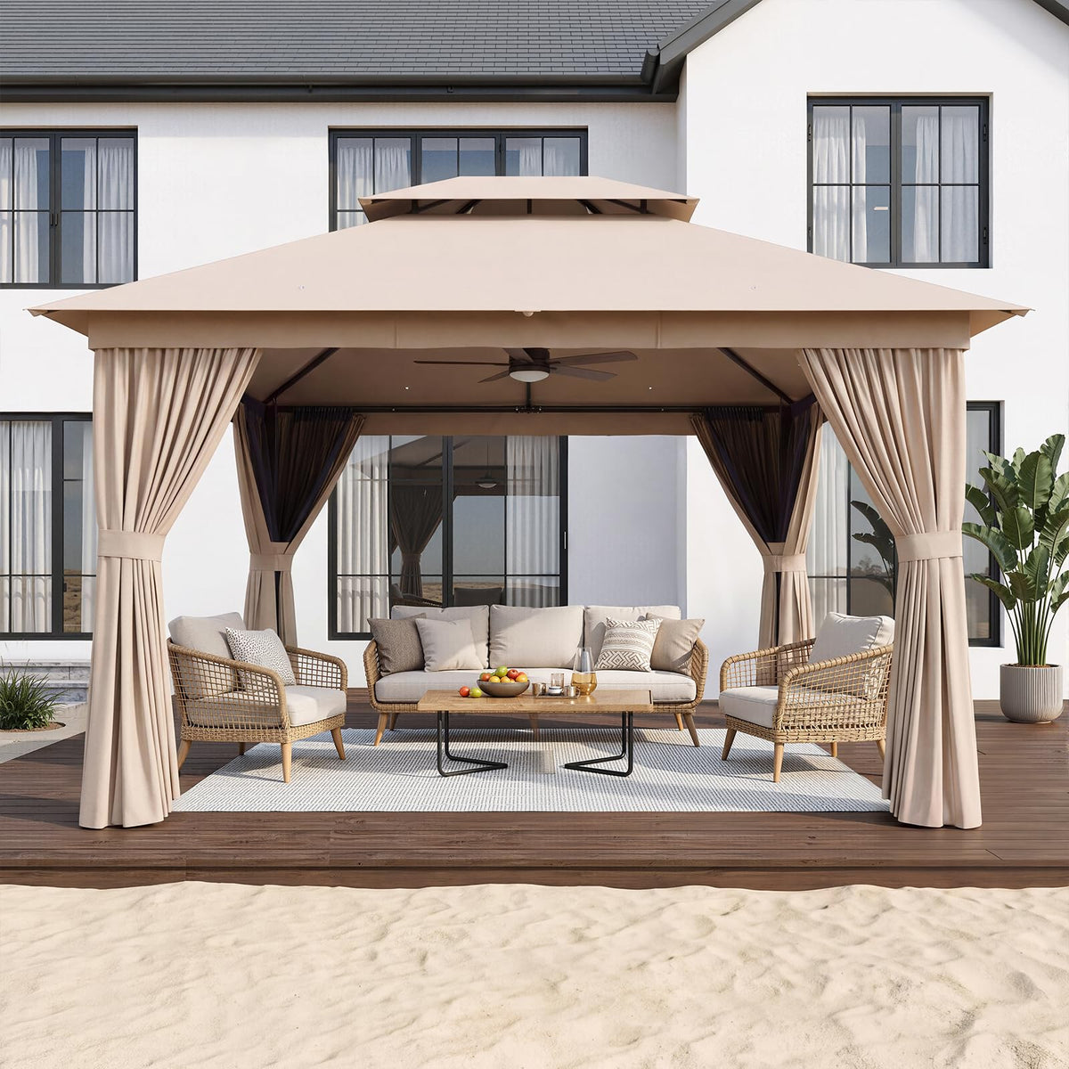 12'x10' Outdoor Gazebo with Curtain & Mosquito Netting, Beige E577625