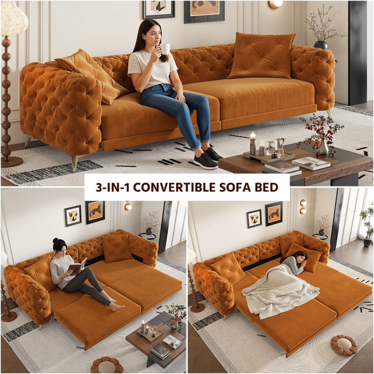 Queen Size Velvet Convertible Sofa Bed with Ottoman K6388