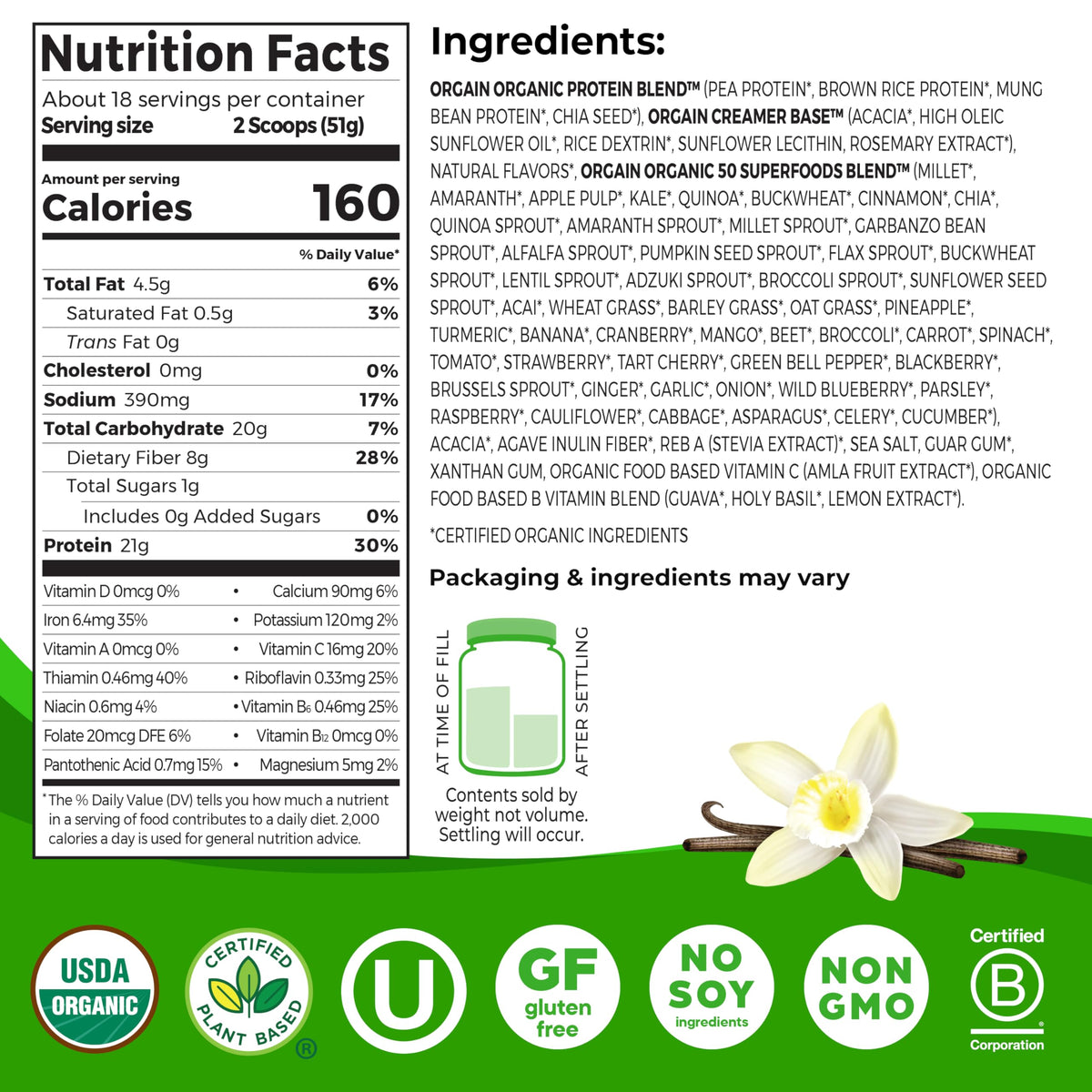 Organic Vegan 21g Protein Superfoods Powder Vanilla Bean 2.02lb X541815