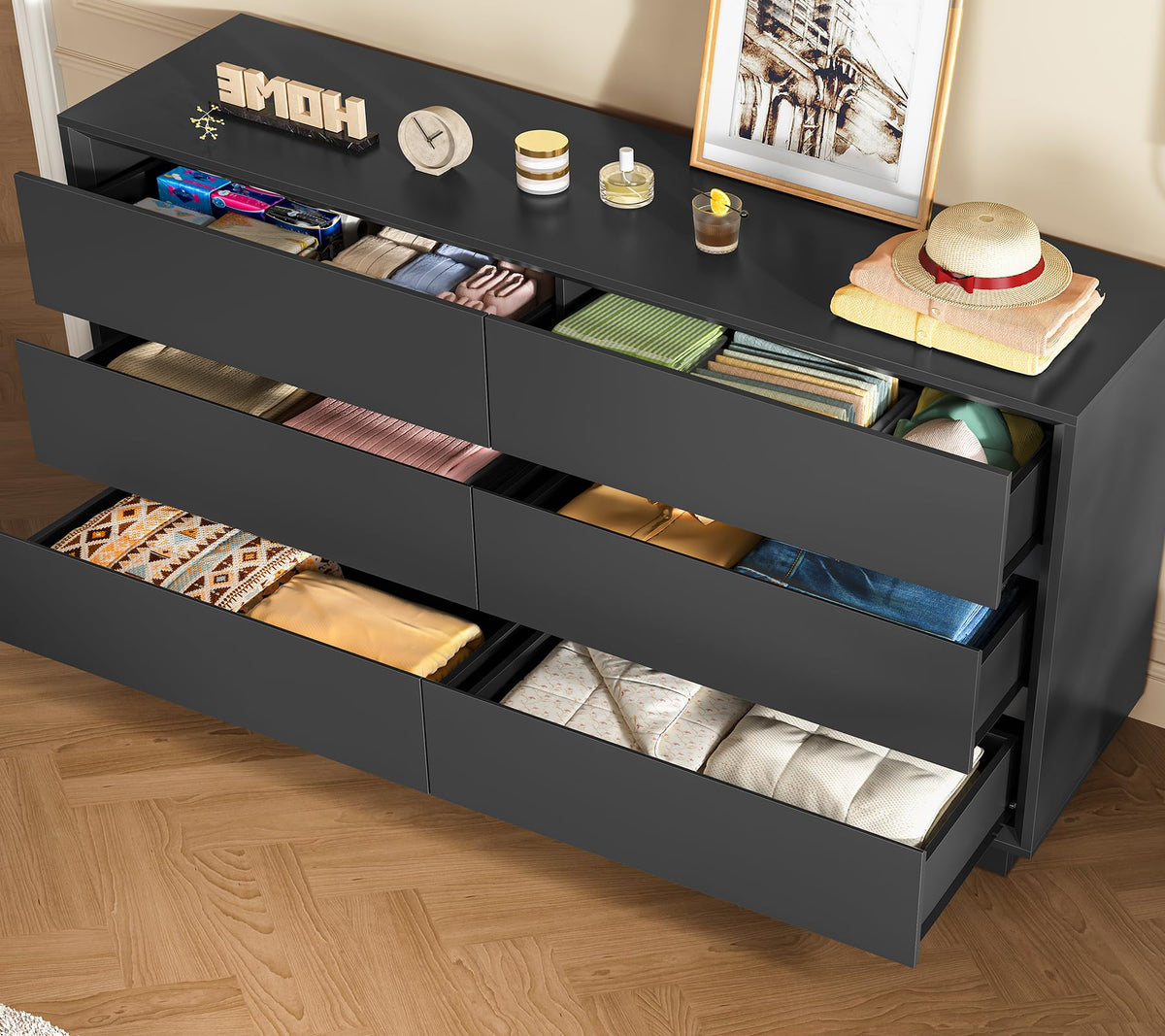 Black 6 Drawer Wood Dresser N7523