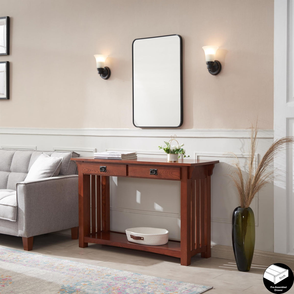 Transitional Solid Ash Console Table with 2 Drawers Y665