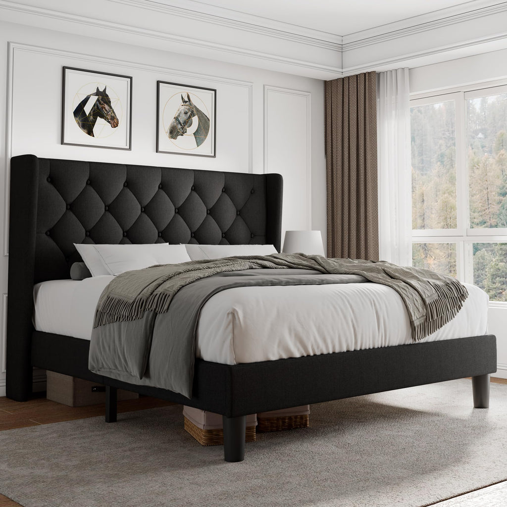 Queen Size Upholstered Platform Bed Frame with Tufted Headboard J62817