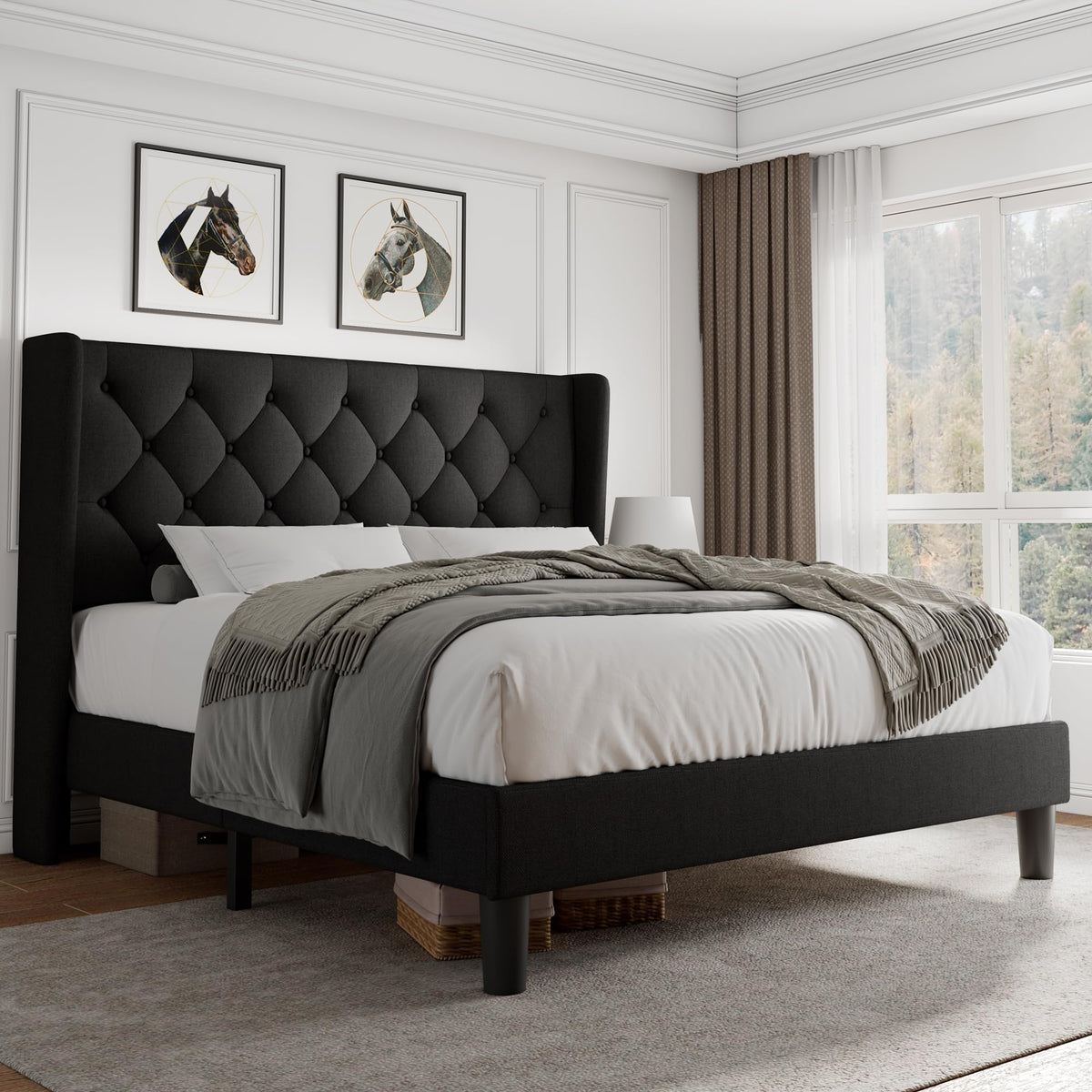 Queen Size Upholstered Platform Bed Frame with Tufted Headboard J62817