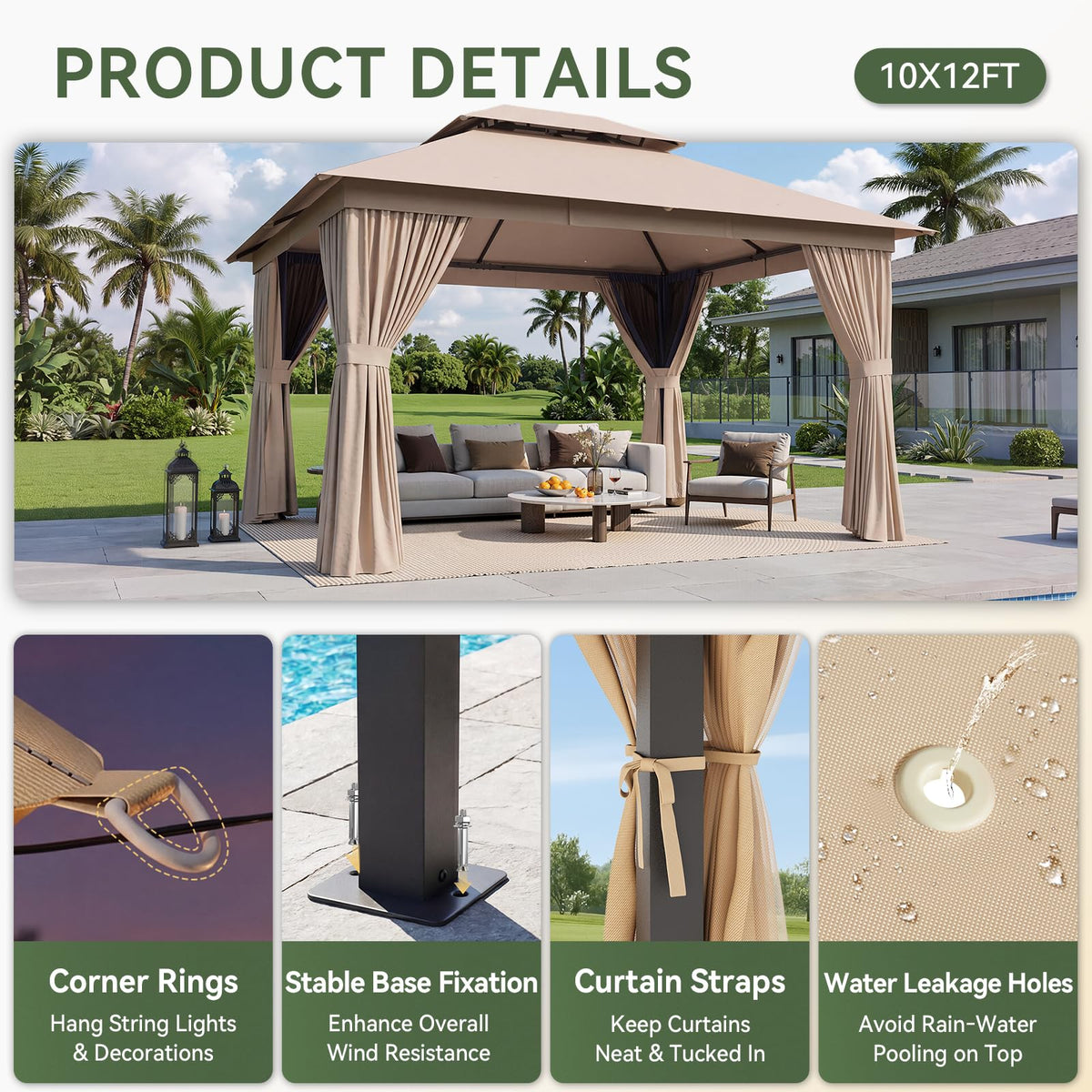12'x10' Outdoor Gazebo with Curtain & Mosquito Netting, Beige E577625