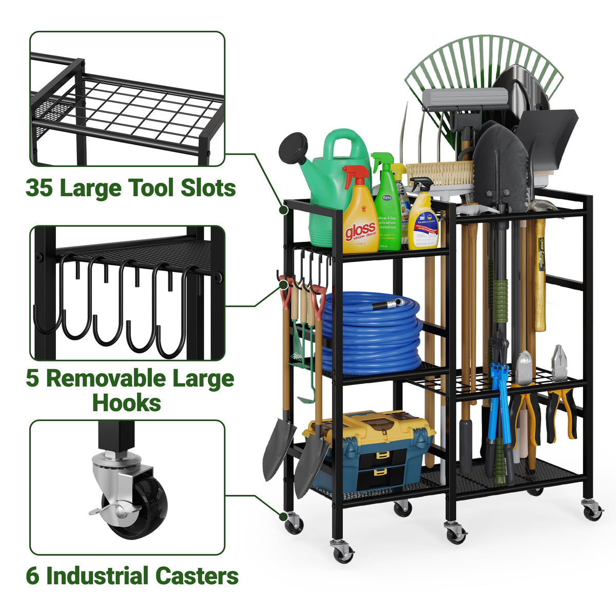 Garden Tool Organizer with 6 Wheels & Hooks W188283