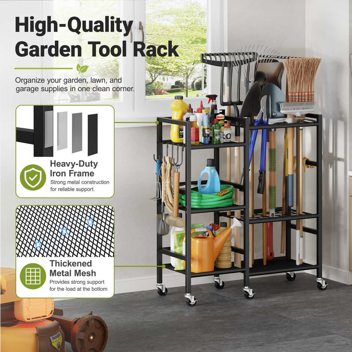 Garden Tool Organizer with 6 Wheels & Hooks W188283