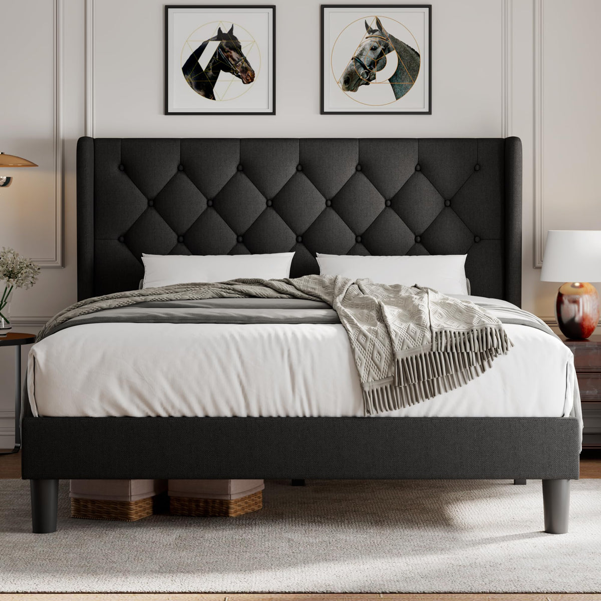 Queen Size Upholstered Platform Bed Frame with Tufted Headboard J62817
