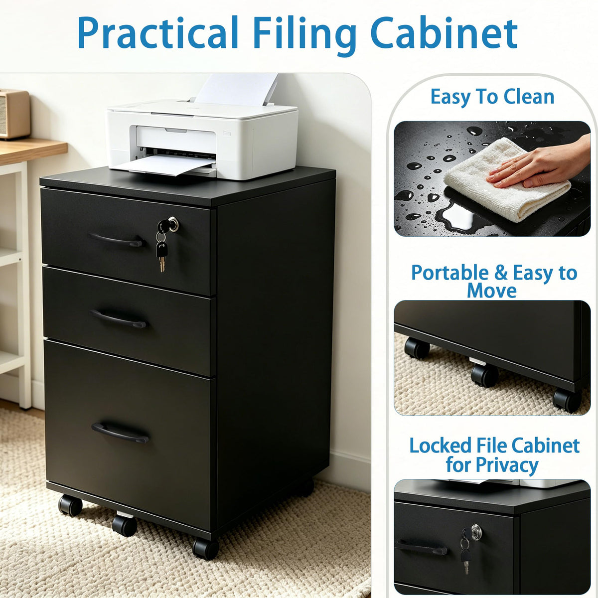 3 Drawer Black Wood File Cabinet with Lock W5045