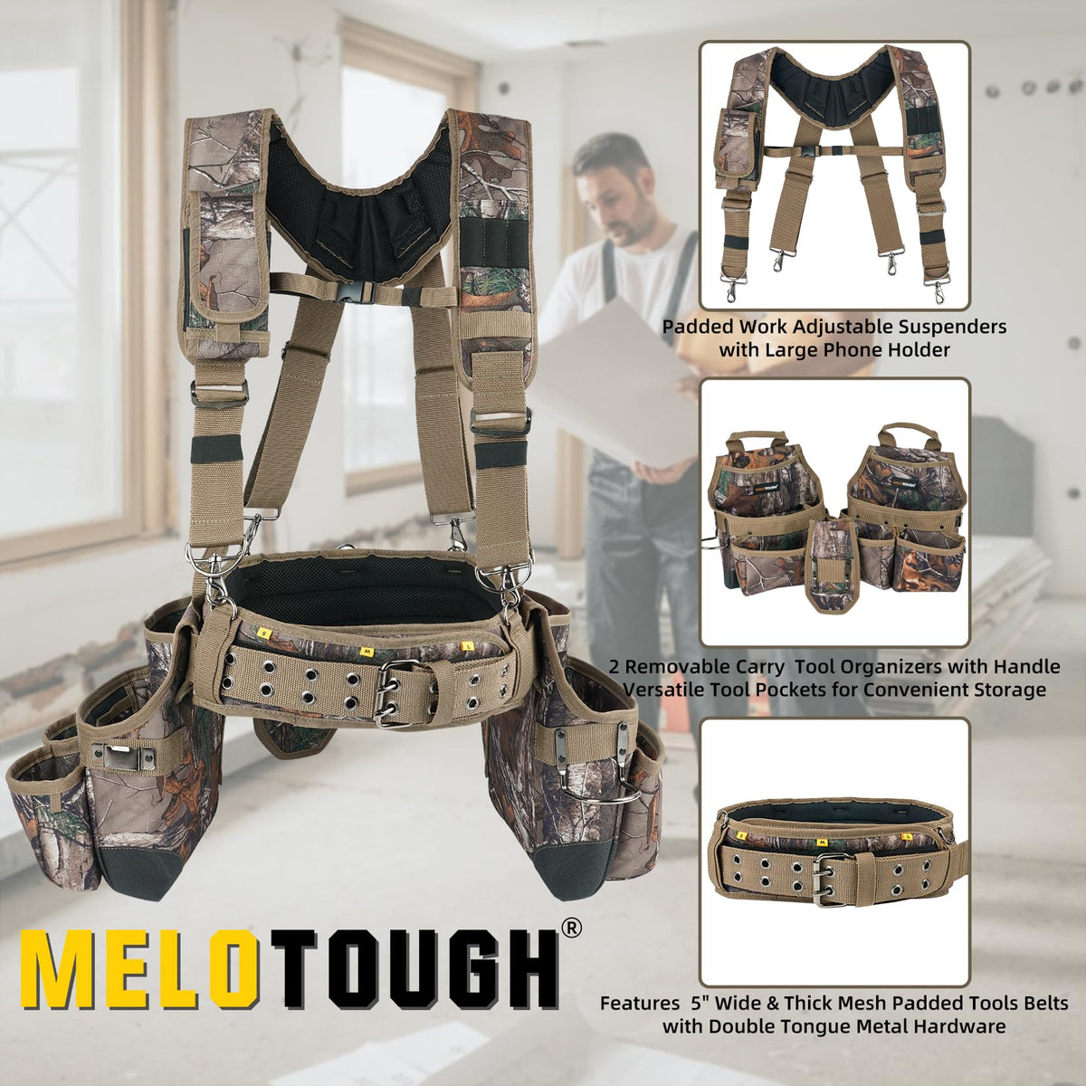 Camo Tool Belt with Suspenders Heavy Duty Carpenter Rig T974