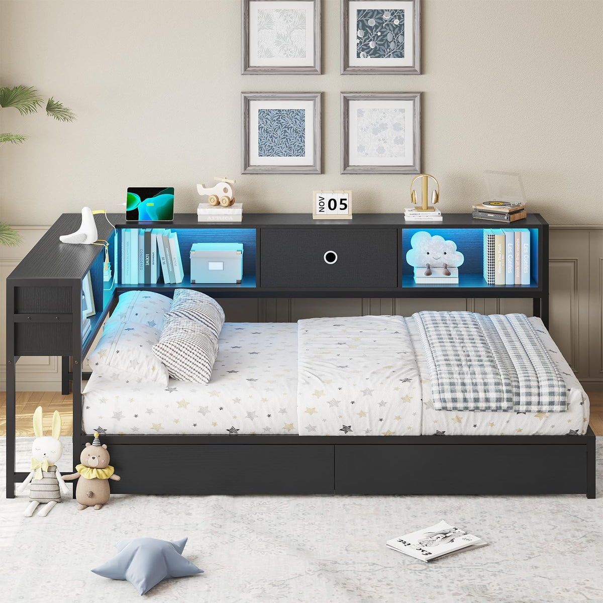 Black Twin Metal Platform Bed Frame with Storage Drawers J4019