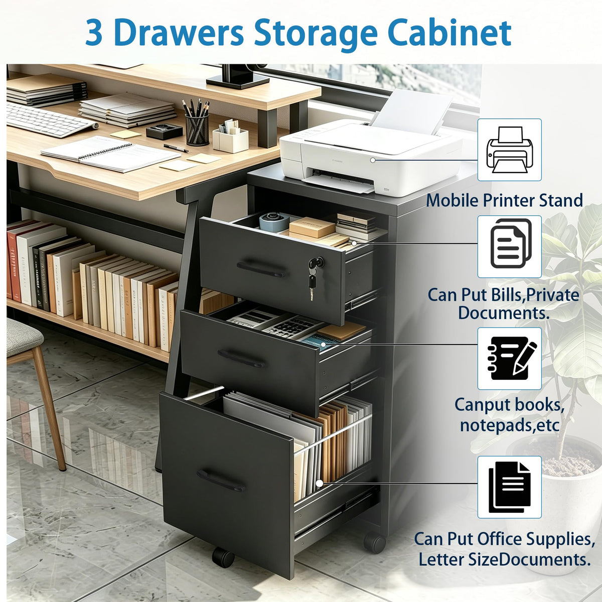 3 Drawer Black Wood File Cabinet with Lock W5045