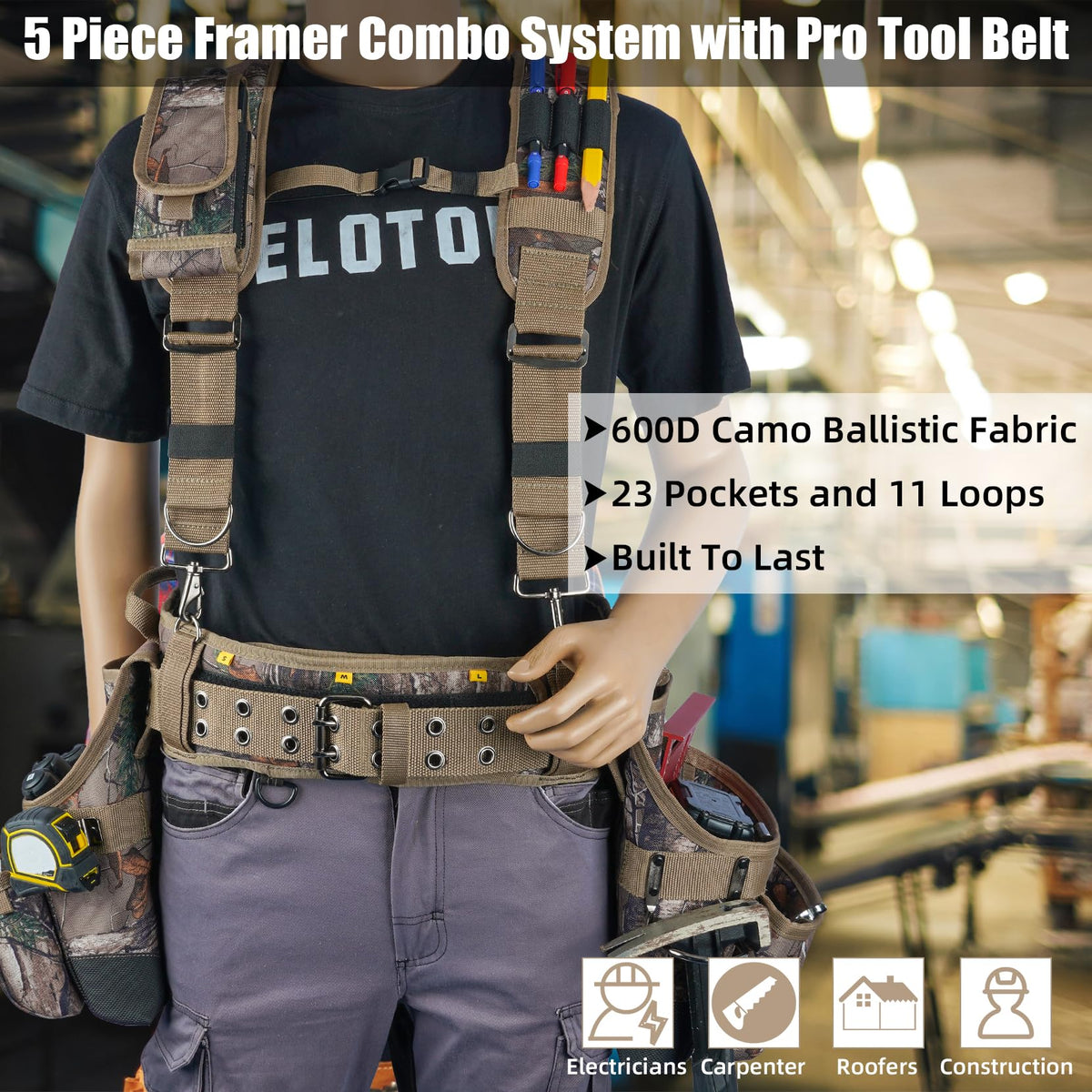 Camo Tool Belt with Suspenders Heavy Duty Carpenter Rig T974