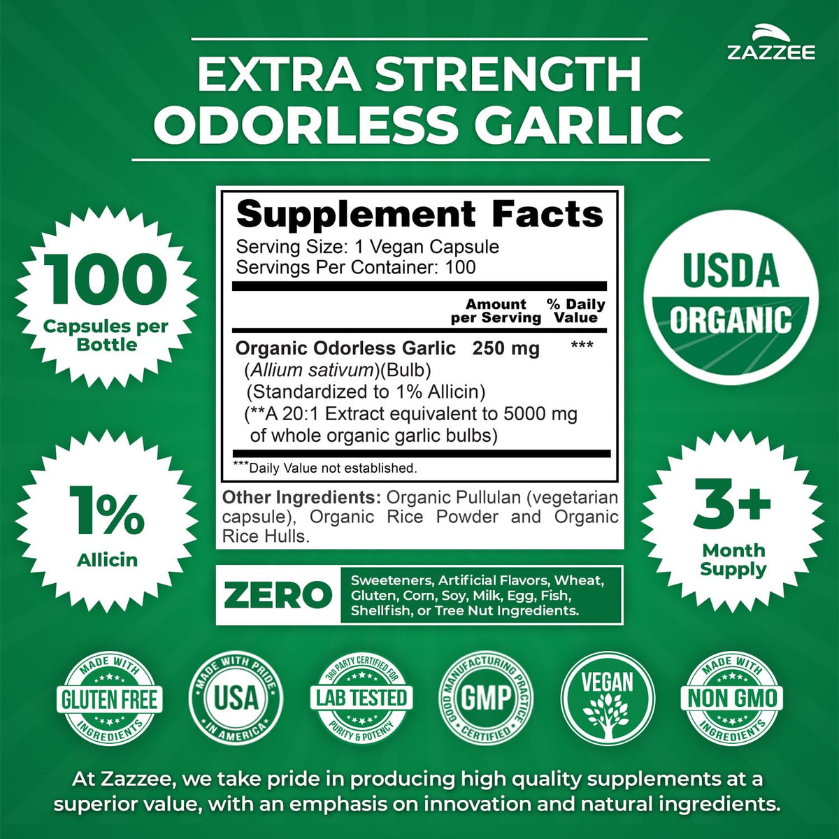 USDA Organic Odorless Garlic 20:1 Extract 100 Capsules V966996