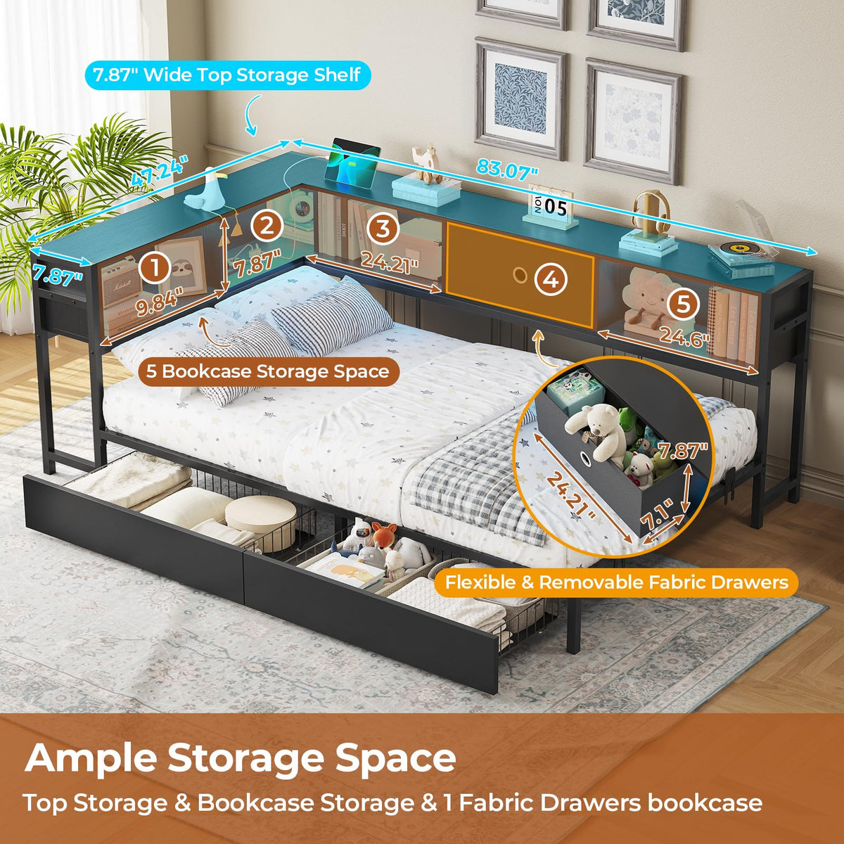 Black Twin Metal Platform Bed Frame with Storage Drawers J4019