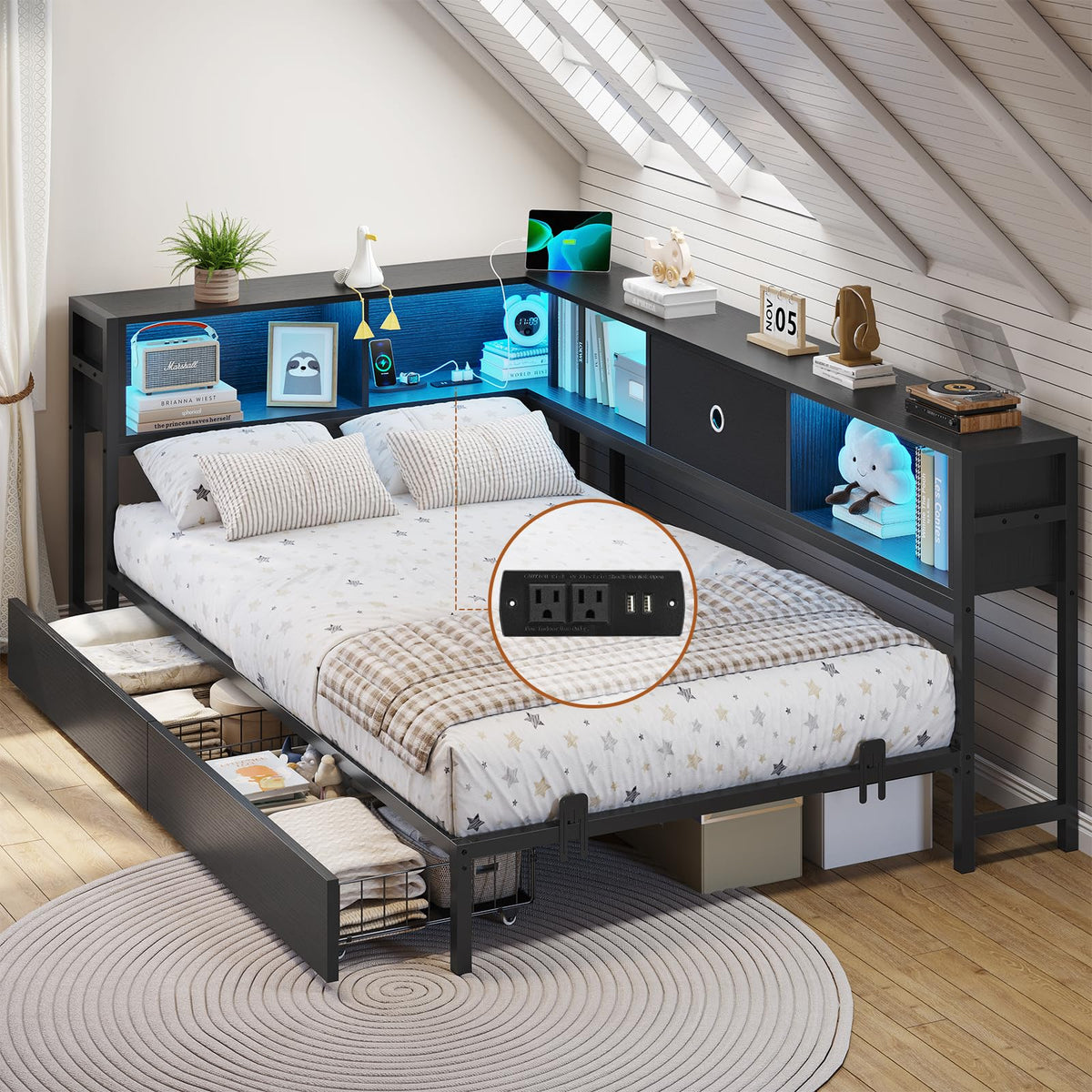 Black Twin Metal Platform Bed Frame with Storage Drawers J4019
