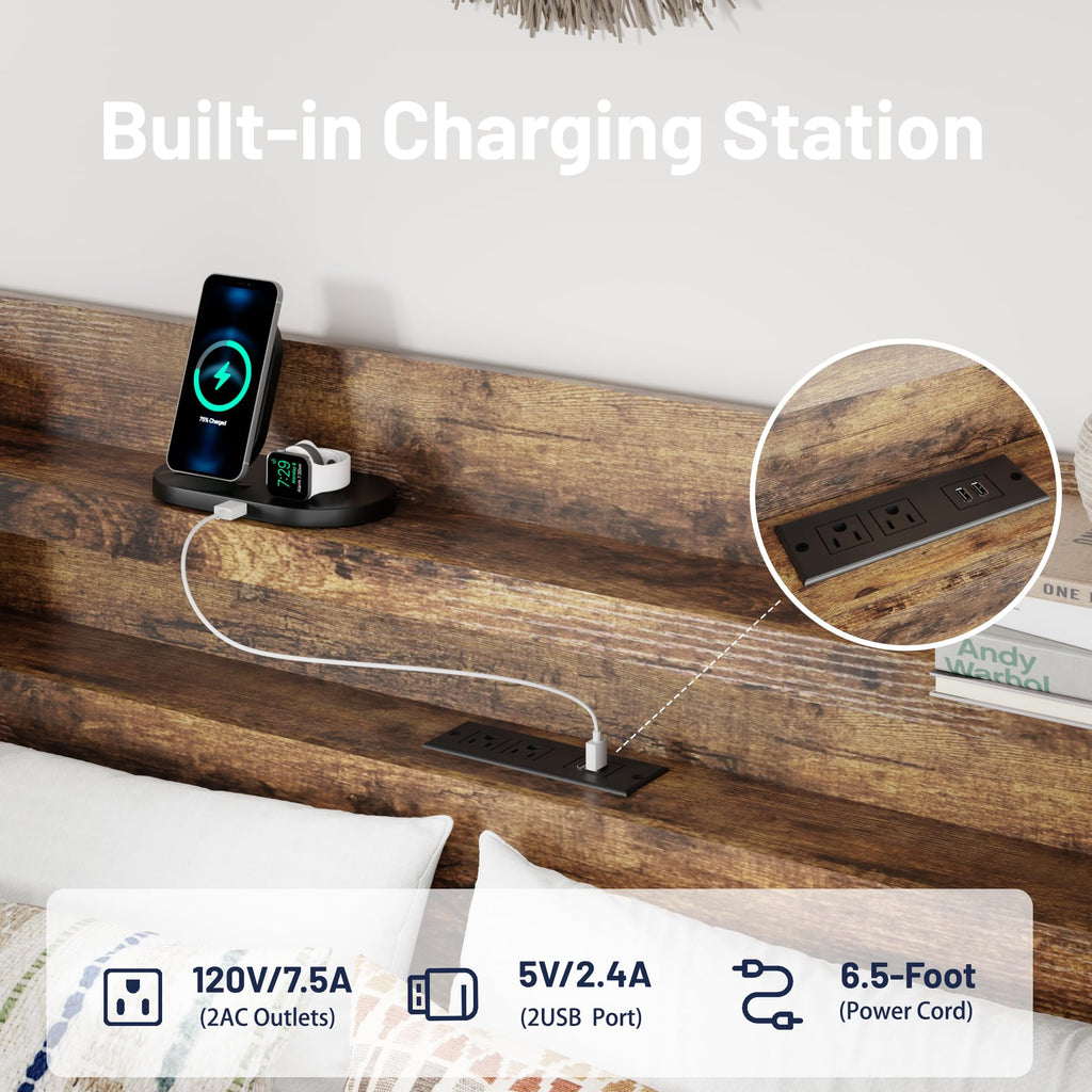 Queen Bed Frame with Storage Headboard and Charging Station L5370