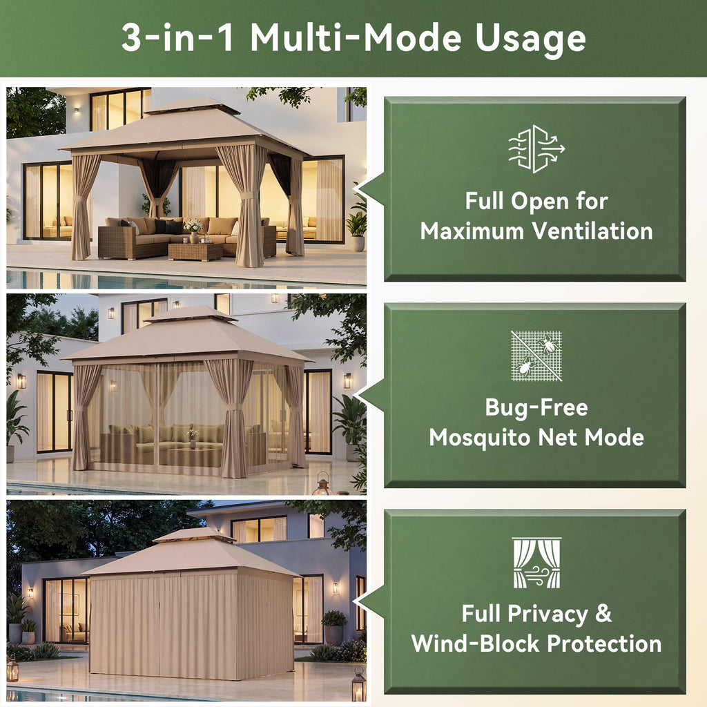 12'x10' Outdoor Gazebo with Curtain & Mosquito Netting, Beige E577625