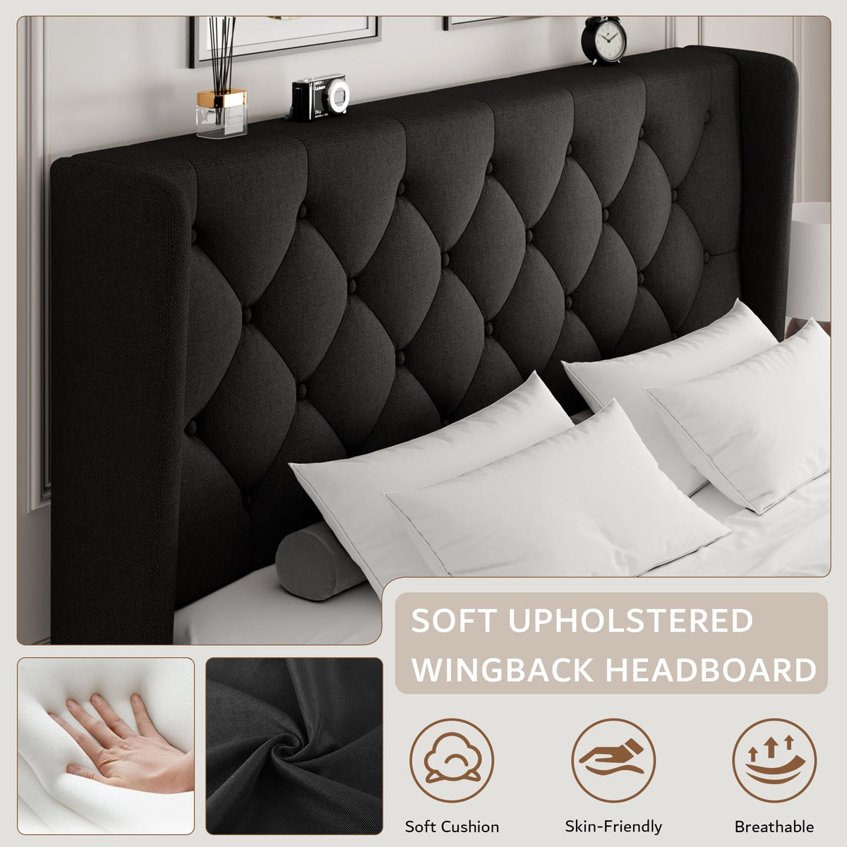 Queen Size Upholstered Platform Bed Frame with Tufted Headboard J62817