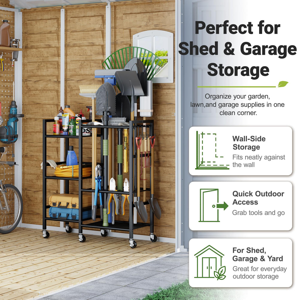 Garden Tool Organizer with 6 Wheels & Hooks W188283