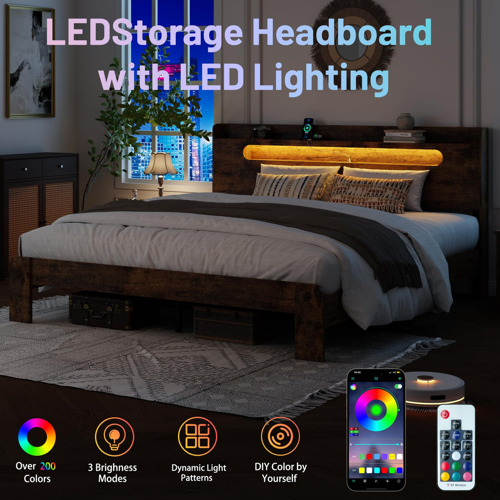 Queen Bed Frame with Storage Headboard and Charging Station L5370