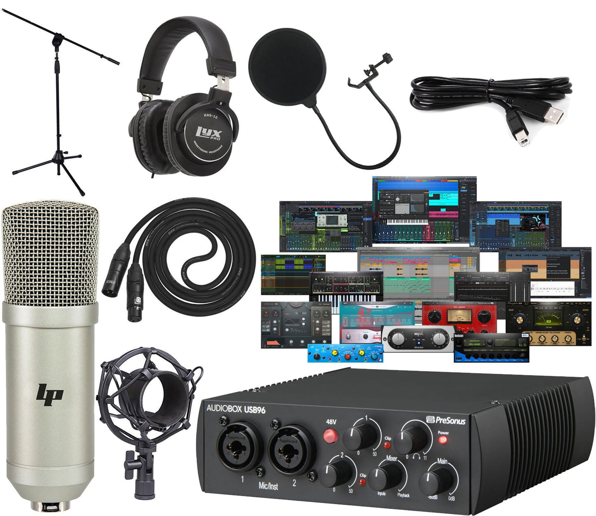 USB Audio MIDI Interface Recording Bundle with Condenser Microphone and Headphones L392