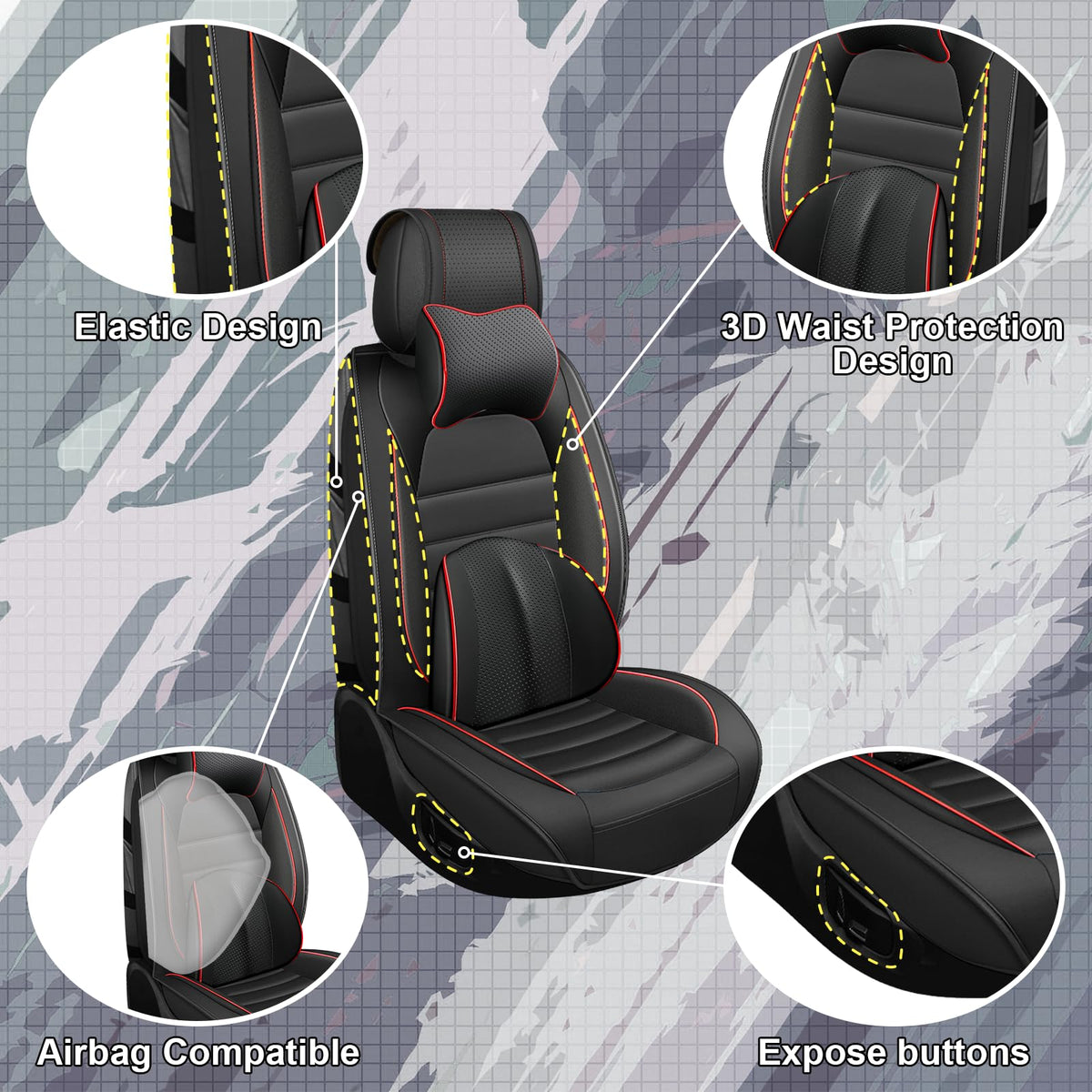 Waterproof Nappa Leather Car Seat Covers 5 Seats Black Red T6777