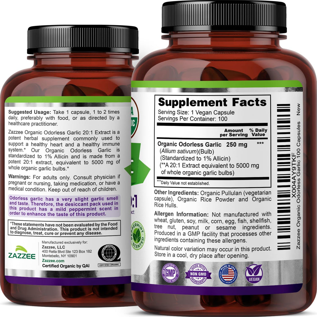 USDA Organic Odorless Garlic 20:1 Extract 100 Capsules V966996