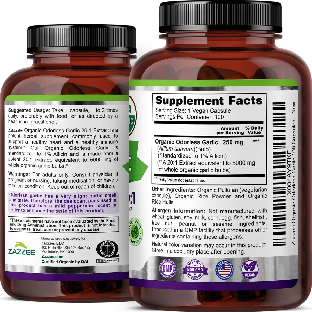USDA Organic Odorless Garlic 20:1 Extract 100 Capsules V966996
