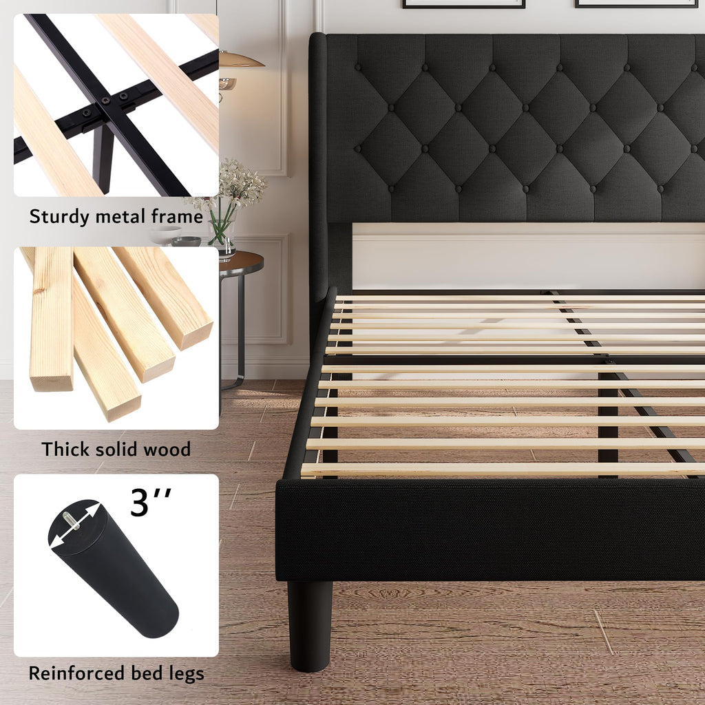 Queen Size Upholstered Platform Bed Frame with Tufted Headboard J62817