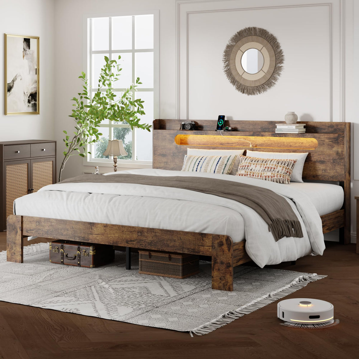 Queen Bed Frame with Storage Headboard and Charging Station L5370