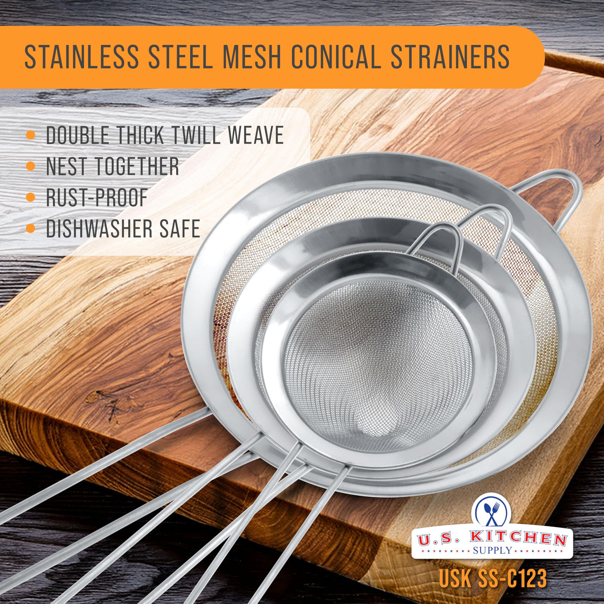 Set of 3 Stainless Steel Conical Strainers B64397