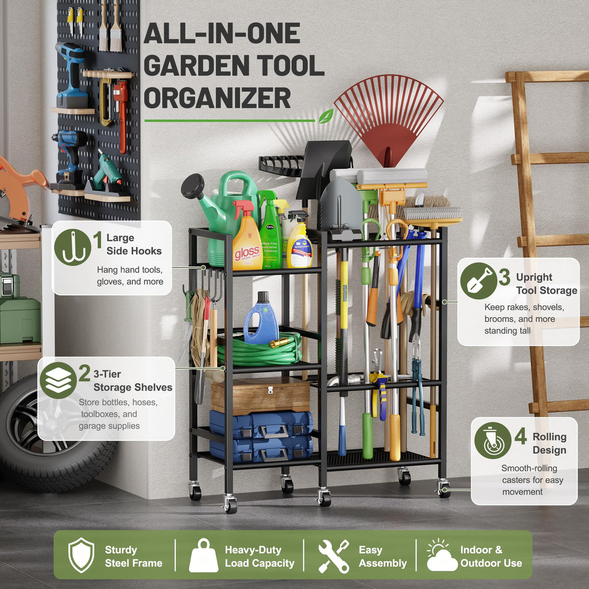 Garden Tool Organizer with 6 Wheels & Hooks W188283