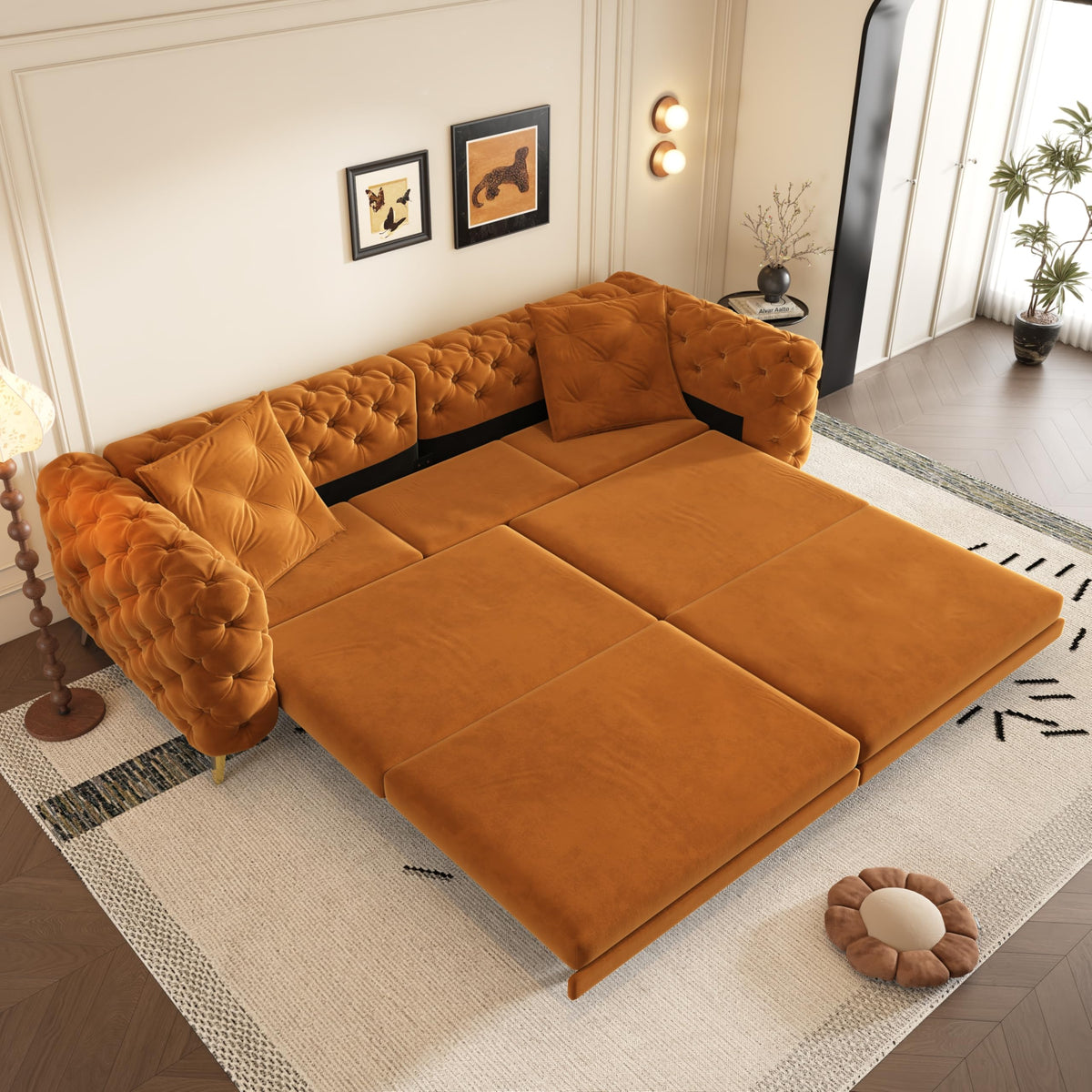 Queen Size Velvet Convertible Sofa Bed with Ottoman K6388